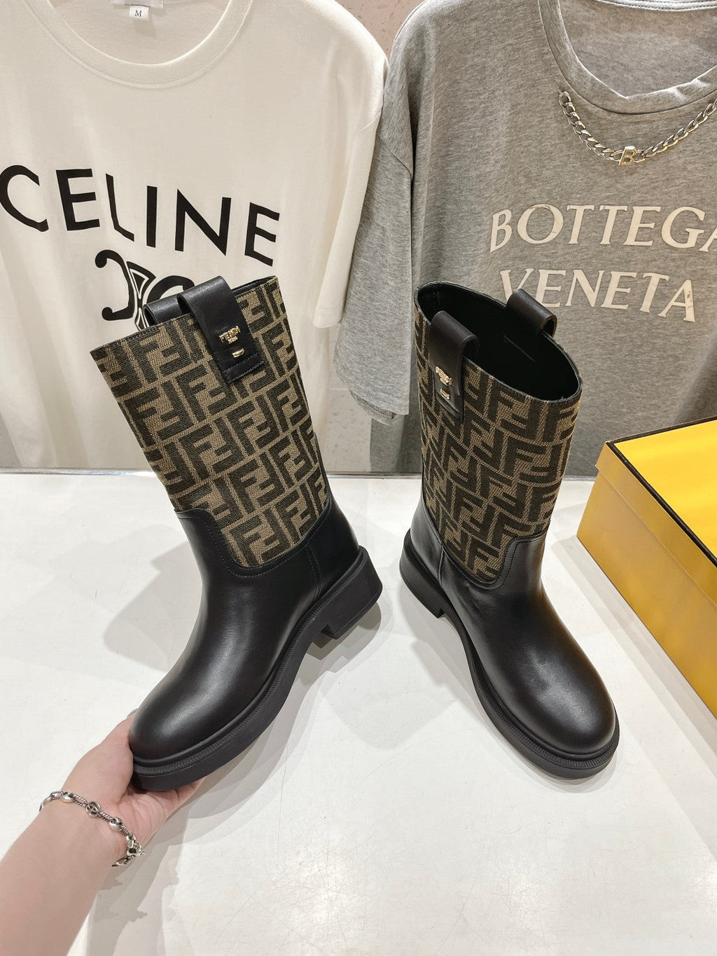 FENDI 25S ANKLE BOOTS IN BLACK COWHIDE AND BROWN CANVAS LOGO EMBOSSING