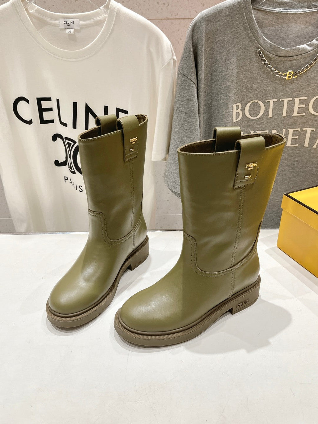 FENDI 25S ANKLE BOOTS IN MOSS GREEN COWHIDE