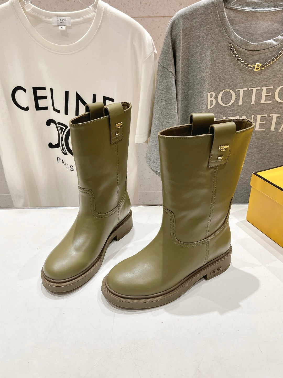 FENDI 25S ANKLE BOOTS IN MOSS GREEN COWHIDE
