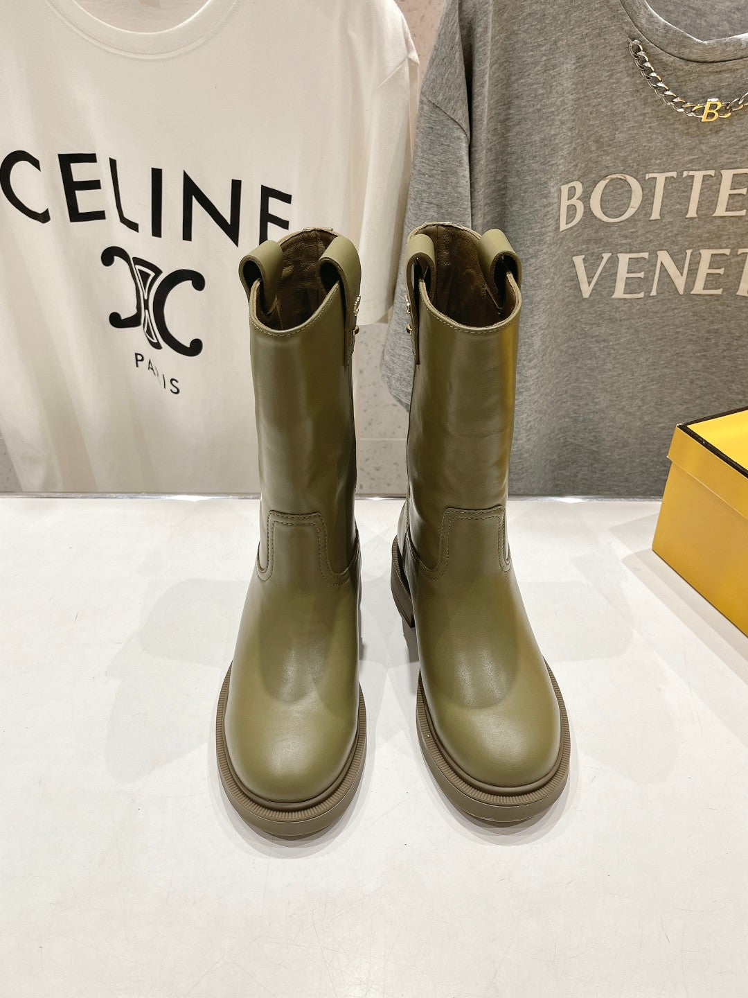 FENDI 25S ANKLE BOOTS IN MOSS GREEN COWHIDE