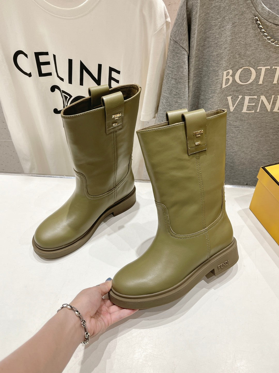 FENDI 25S ANKLE BOOTS IN MOSS GREEN COWHIDE