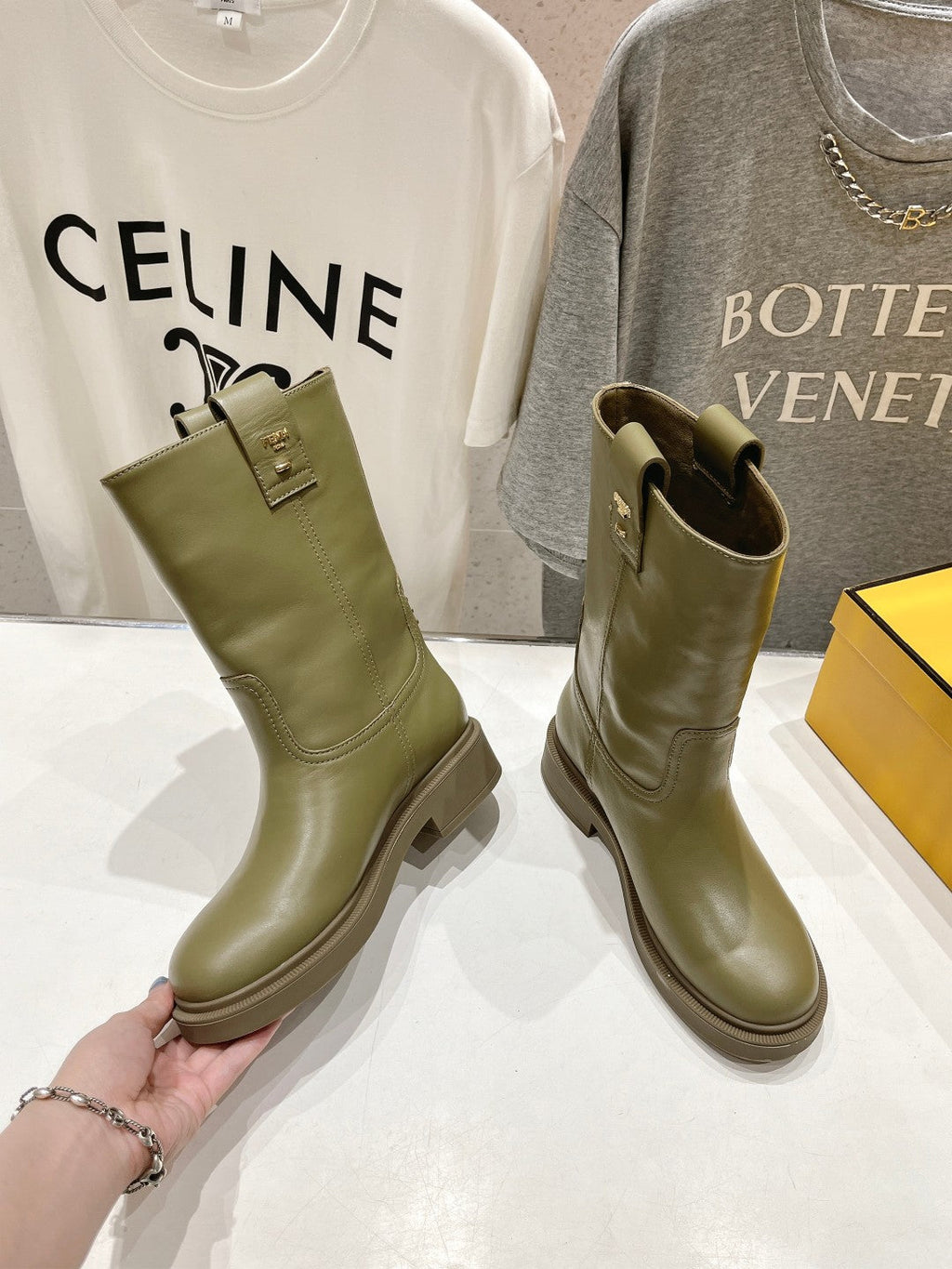 FENDI 25S ANKLE BOOTS IN MOSS GREEN COWHIDE