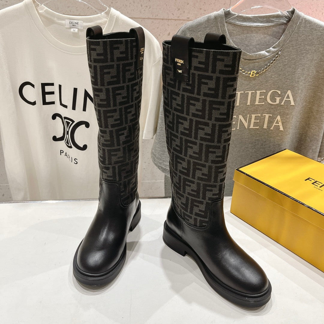 FENDI 25S HIGH BOOTS IN BLACK COWHIDE AND CANVAS LOGO EMBOSSING