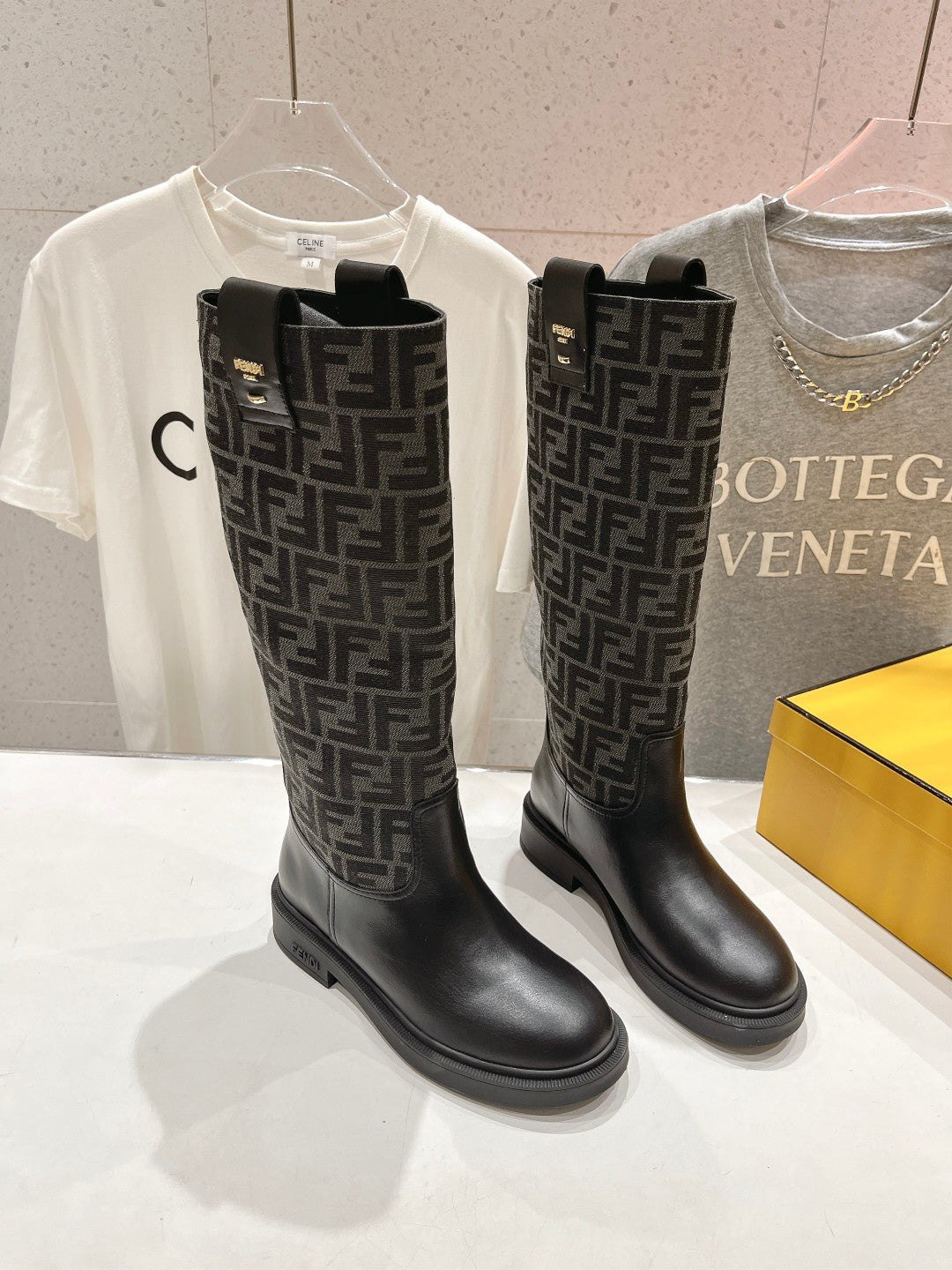 FENDI 25S HIGH BOOTS IN BLACK COWHIDE AND CANVAS LOGO EMBOSSING