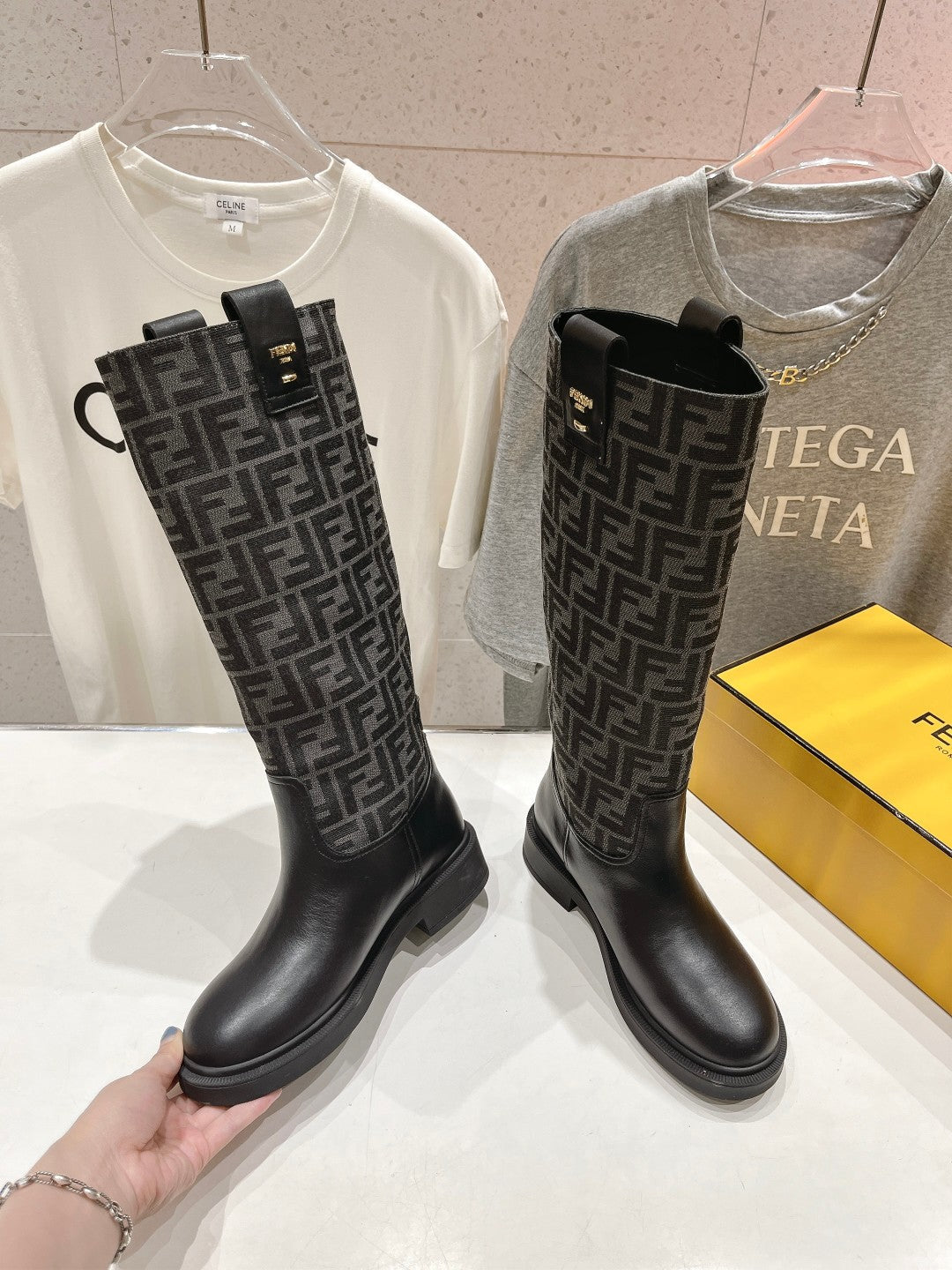 FENDI 25S HIGH BOOTS IN BLACK COWHIDE AND CANVAS LOGO EMBOSSING