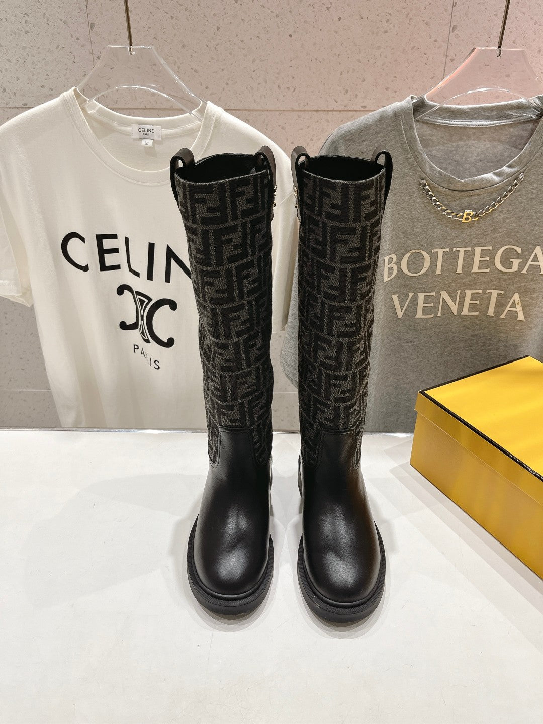 FENDI 25S HIGH BOOTS IN BLACK COWHIDE AND CANVAS LOGO EMBOSSING