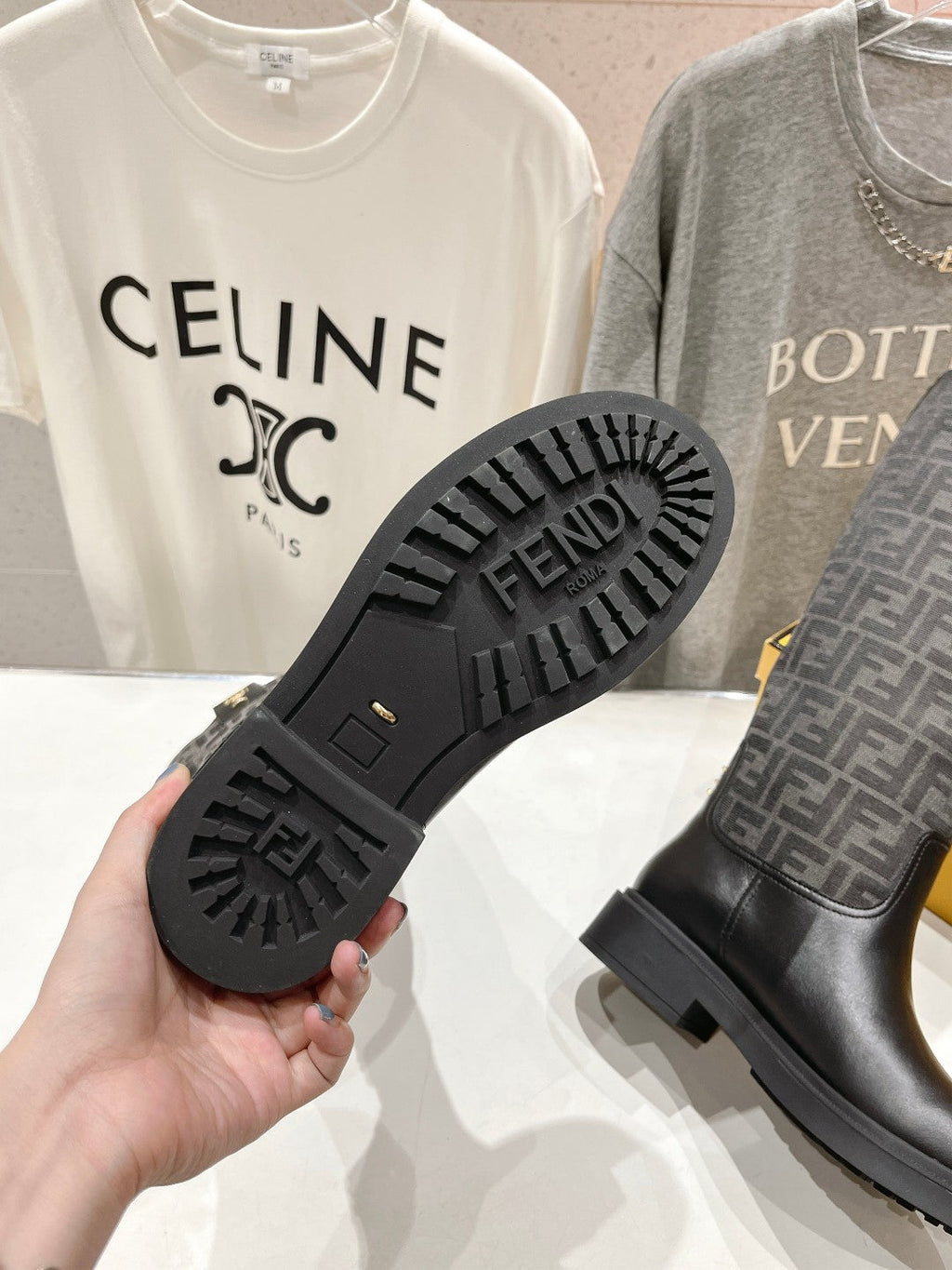 FENDI 25S HIGH BOOTS IN BLACK COWHIDE AND CANVAS LOGO EMBOSSING