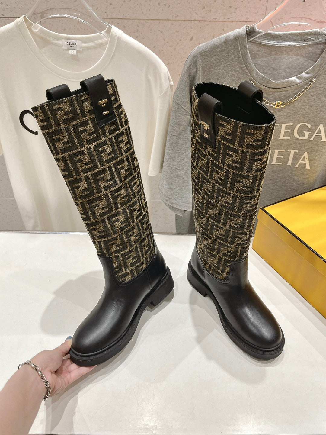 FENDI 25S HIGH BOOTS IN BLACK COWHIDE AND BROWN CANVAS LOGO EMBOSSING
