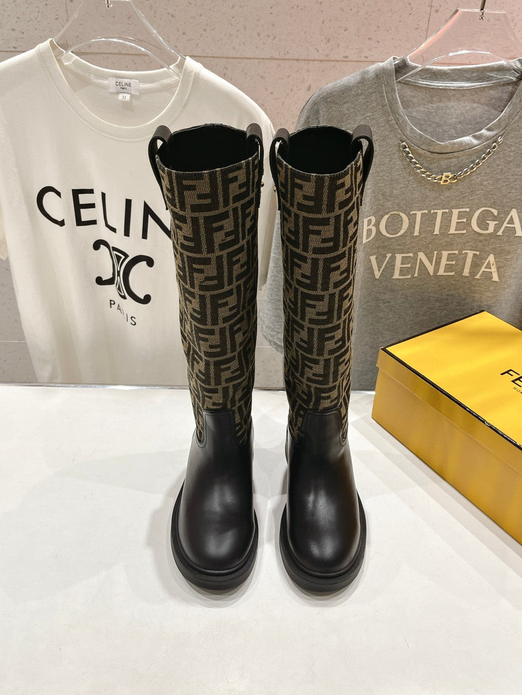 FENDI 25S HIGH BOOTS IN BLACK COWHIDE AND BROWN CANVAS LOGO EMBOSSING