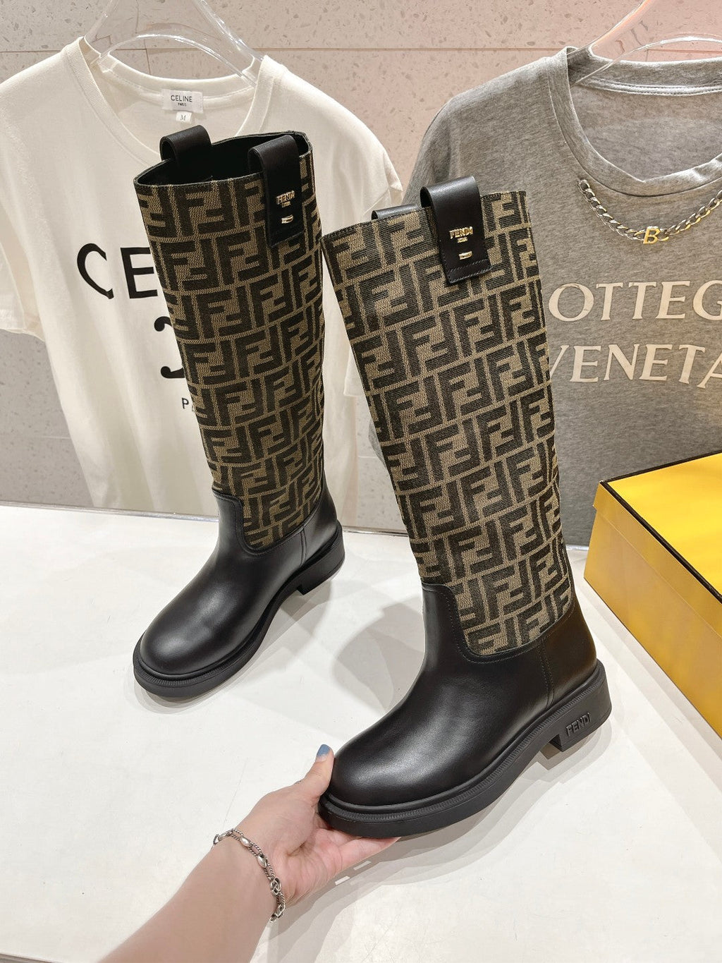 FENDI 25S HIGH BOOTS IN BLACK COWHIDE AND BROWN CANVAS LOGO EMBOSSING