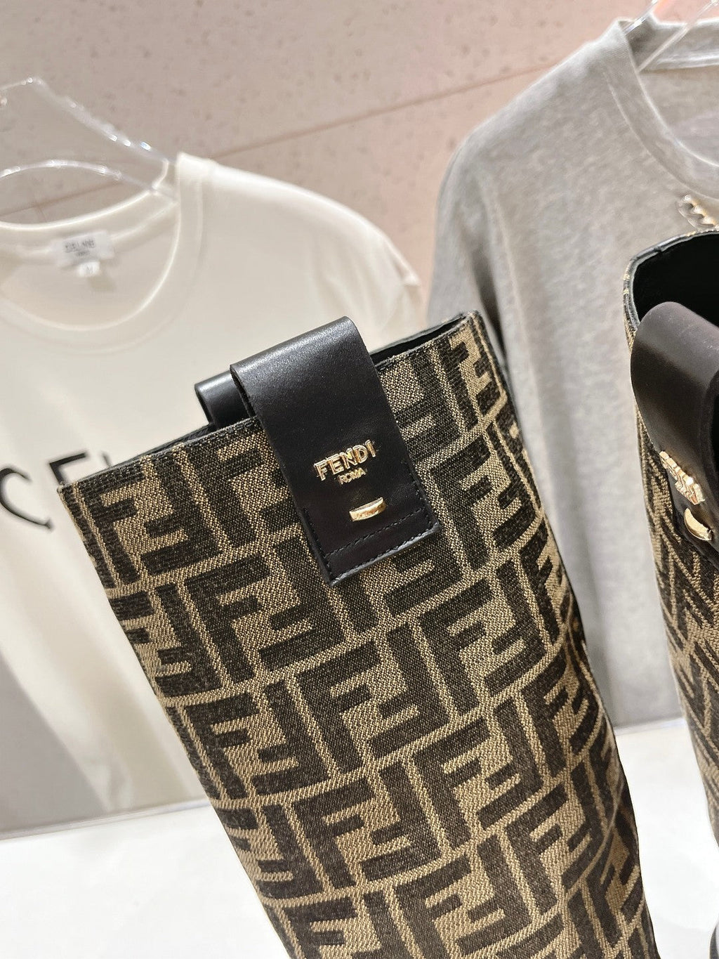 FENDI 25S HIGH BOOTS IN BLACK COWHIDE AND BROWN CANVAS LOGO EMBOSSING