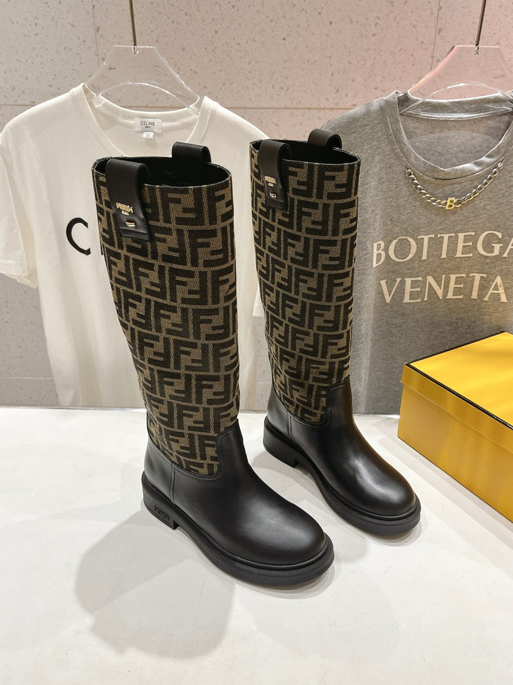 FENDI 25S HIGH BOOTS IN BLACK COWHIDE AND BROWN CANVAS LOGO EMBOSSING