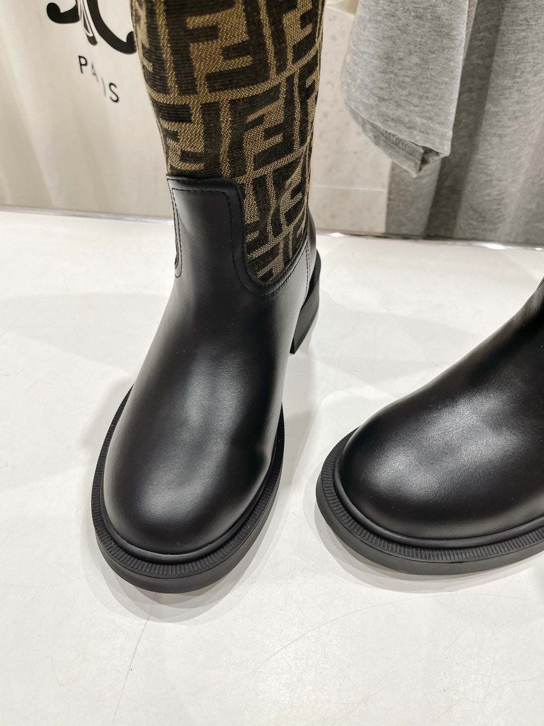 FENDI 25S HIGH BOOTS IN BLACK COWHIDE AND BROWN CANVAS LOGO EMBOSSING