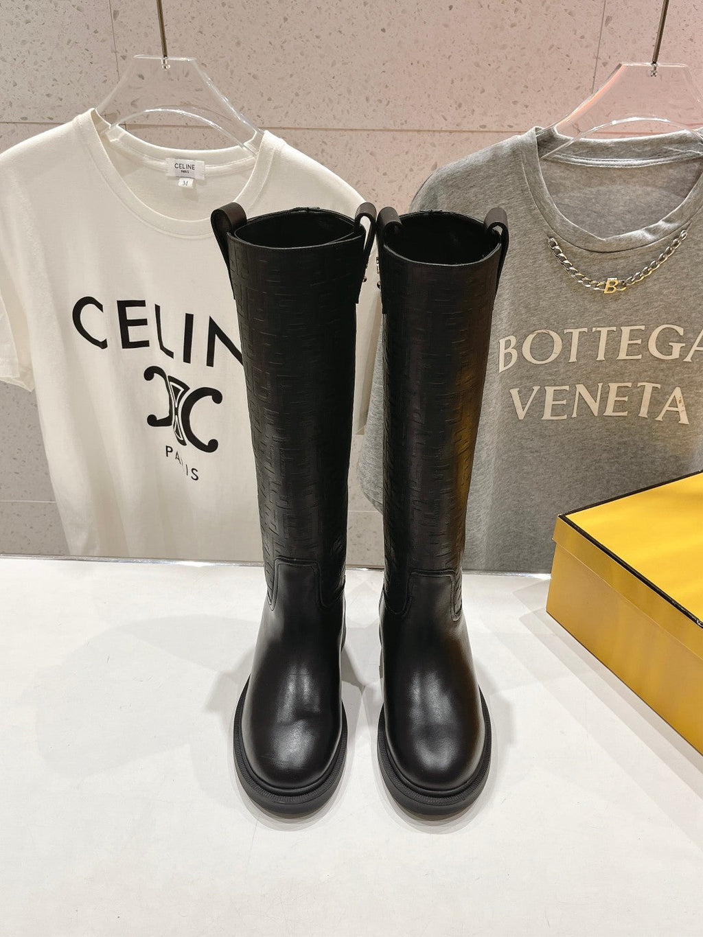 FENDI 25S HIGH BOOTS IN BLACK COWHIDE LOGO EMBOSSING