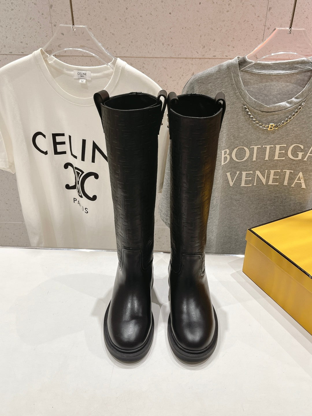 FENDI 25S HIGH BOOTS IN BLACK COWHIDE LOGO EMBOSSING
