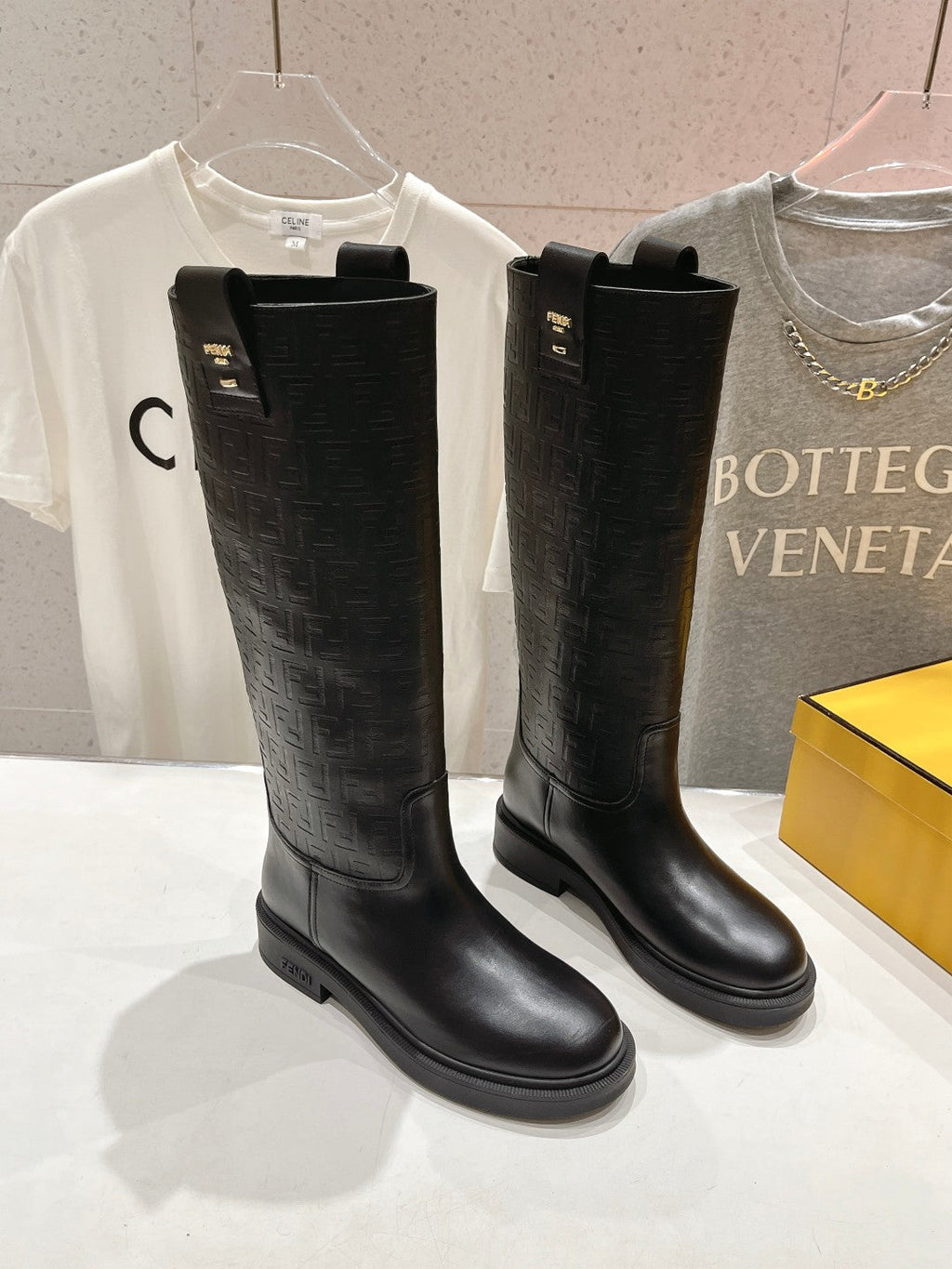 FENDI 25S HIGH BOOTS IN BLACK COWHIDE LOGO EMBOSSING