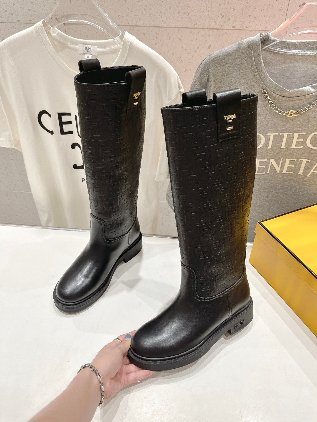 FENDI 25S HIGH BOOTS IN BLACK COWHIDE LOGO EMBOSSING