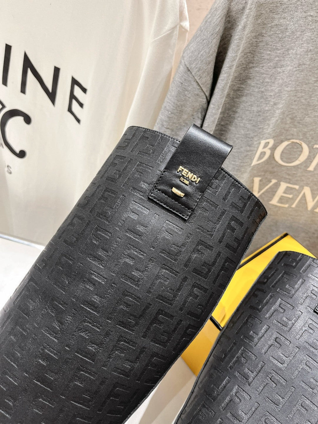 FENDI 25S HIGH BOOTS IN BLACK COWHIDE LOGO EMBOSSING