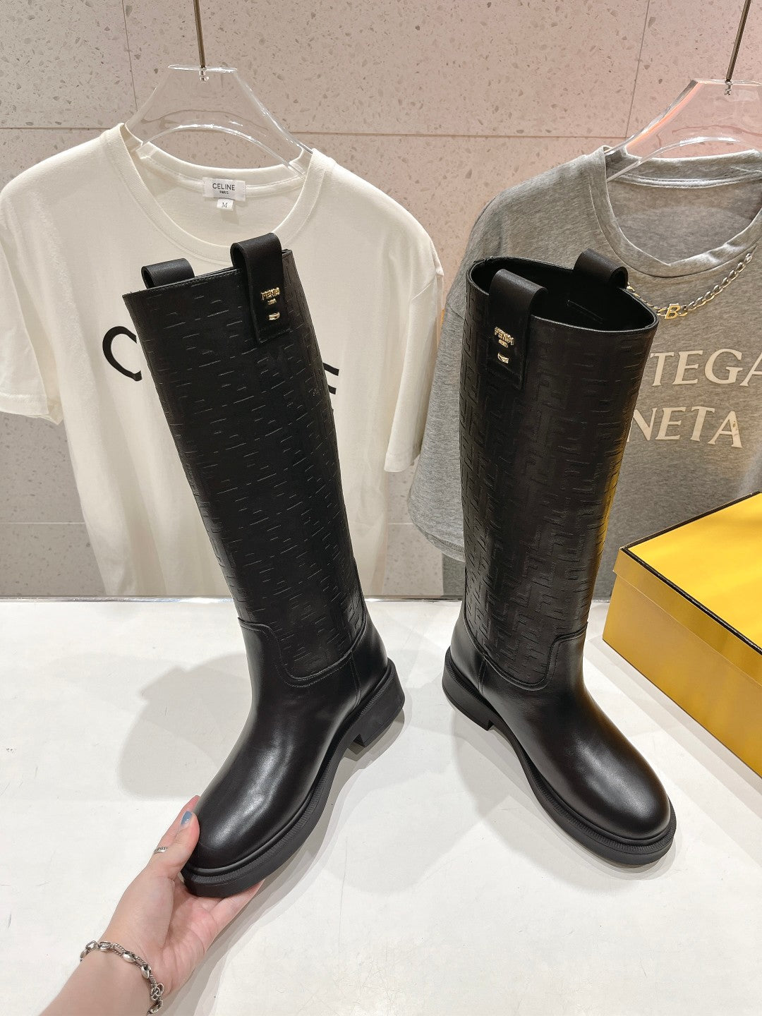 FENDI 25S HIGH BOOTS IN BLACK COWHIDE LOGO EMBOSSING