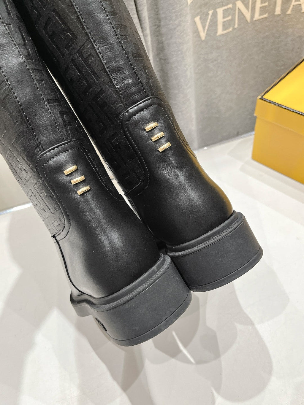 FENDI 25S HIGH BOOTS IN BLACK COWHIDE LOGO EMBOSSING
