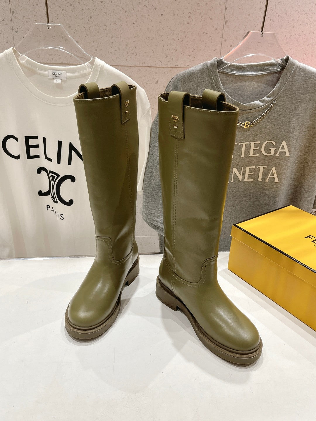 FENDI 25S HIGH BOOTS IN MOSS GREEN COWHIDE