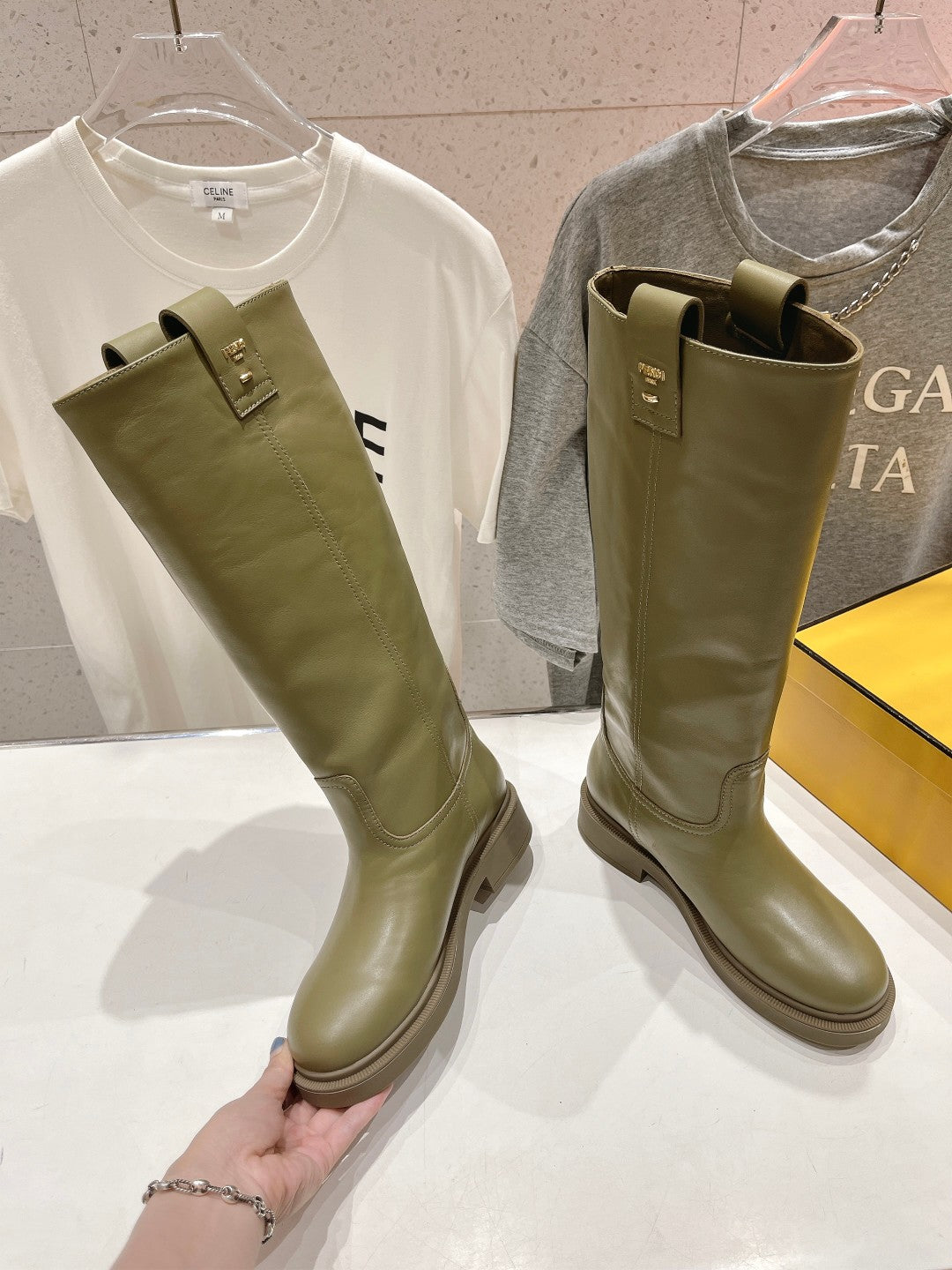 FENDI 25S HIGH BOOTS IN MOSS GREEN COWHIDE