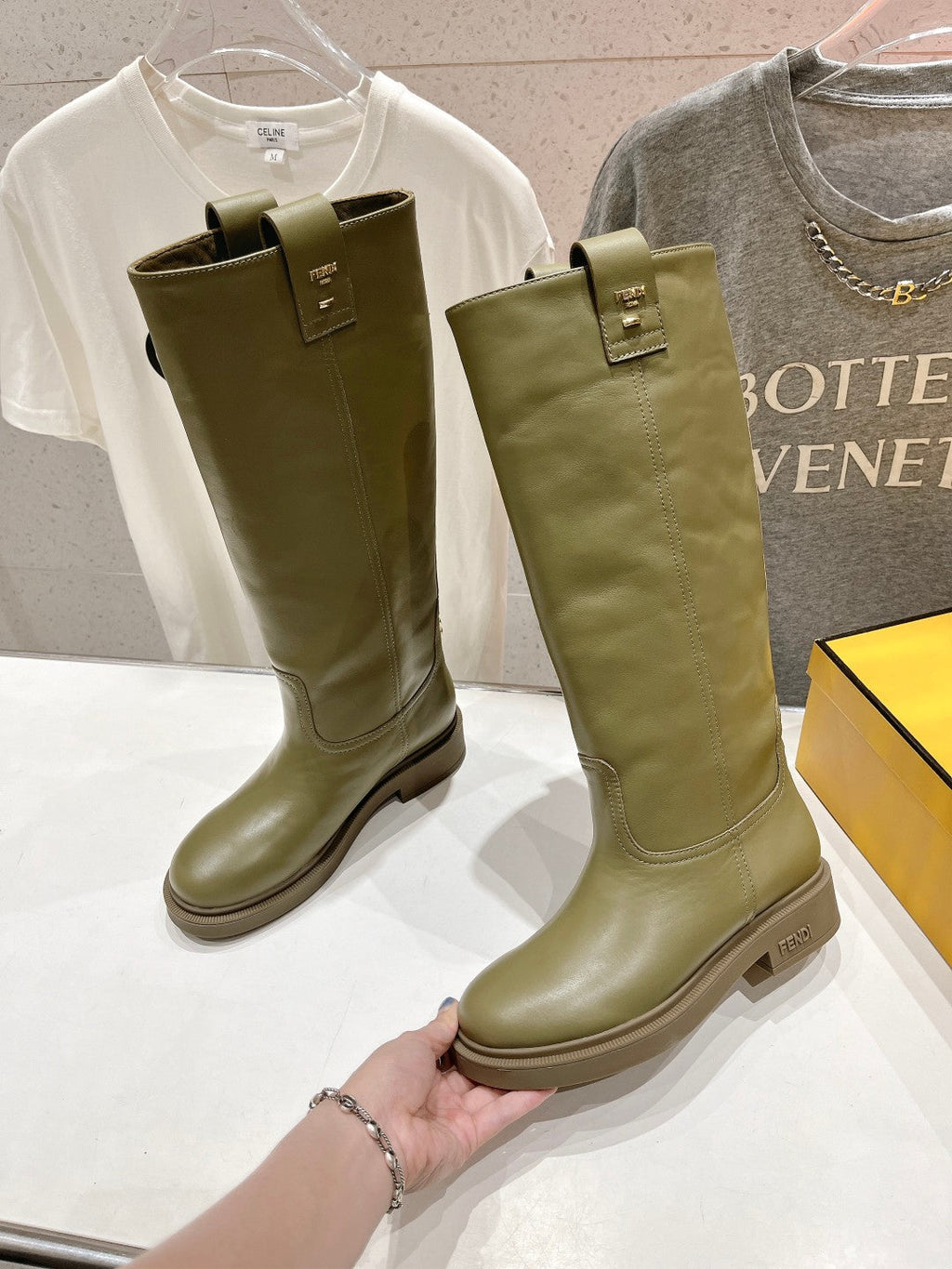 FENDI 25S HIGH BOOTS IN MOSS GREEN COWHIDE