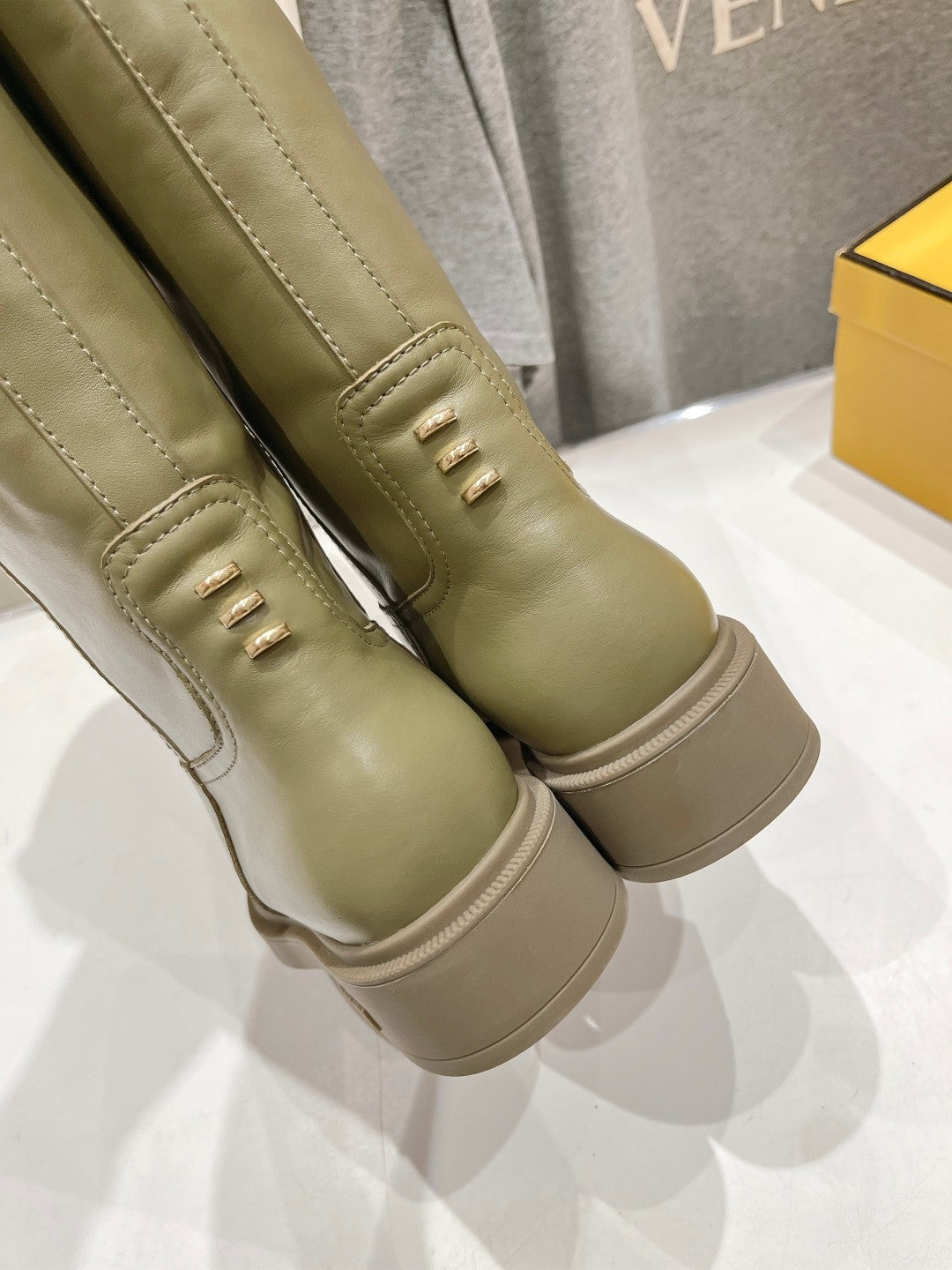 FENDI 25S HIGH BOOTS IN MOSS GREEN COWHIDE