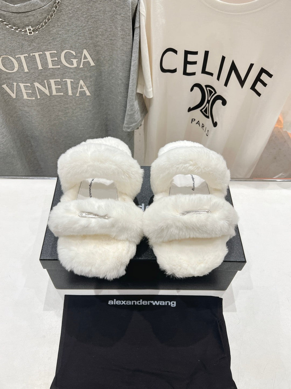 CHUNKY PLATFORM SLIPPER IN WHITE RABBIT FUR