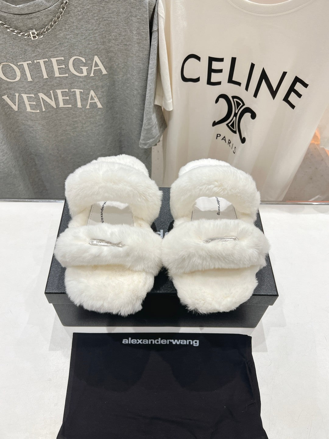 CHUNKY PLATFORM SLIPPER IN WHITE RABBIT FUR