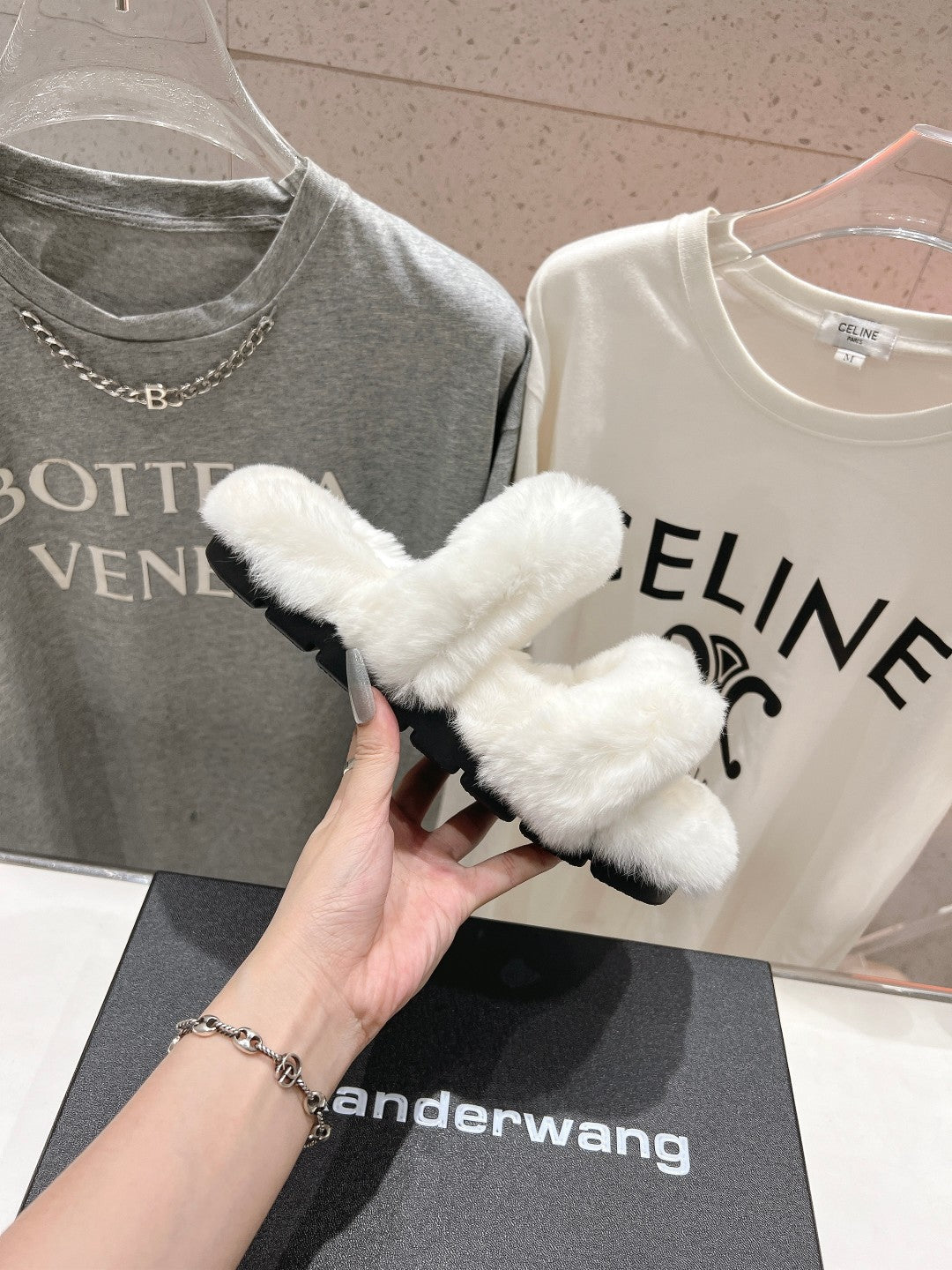CHUNKY PLATFORM SLIPPER IN WHITE RABBIT FUR