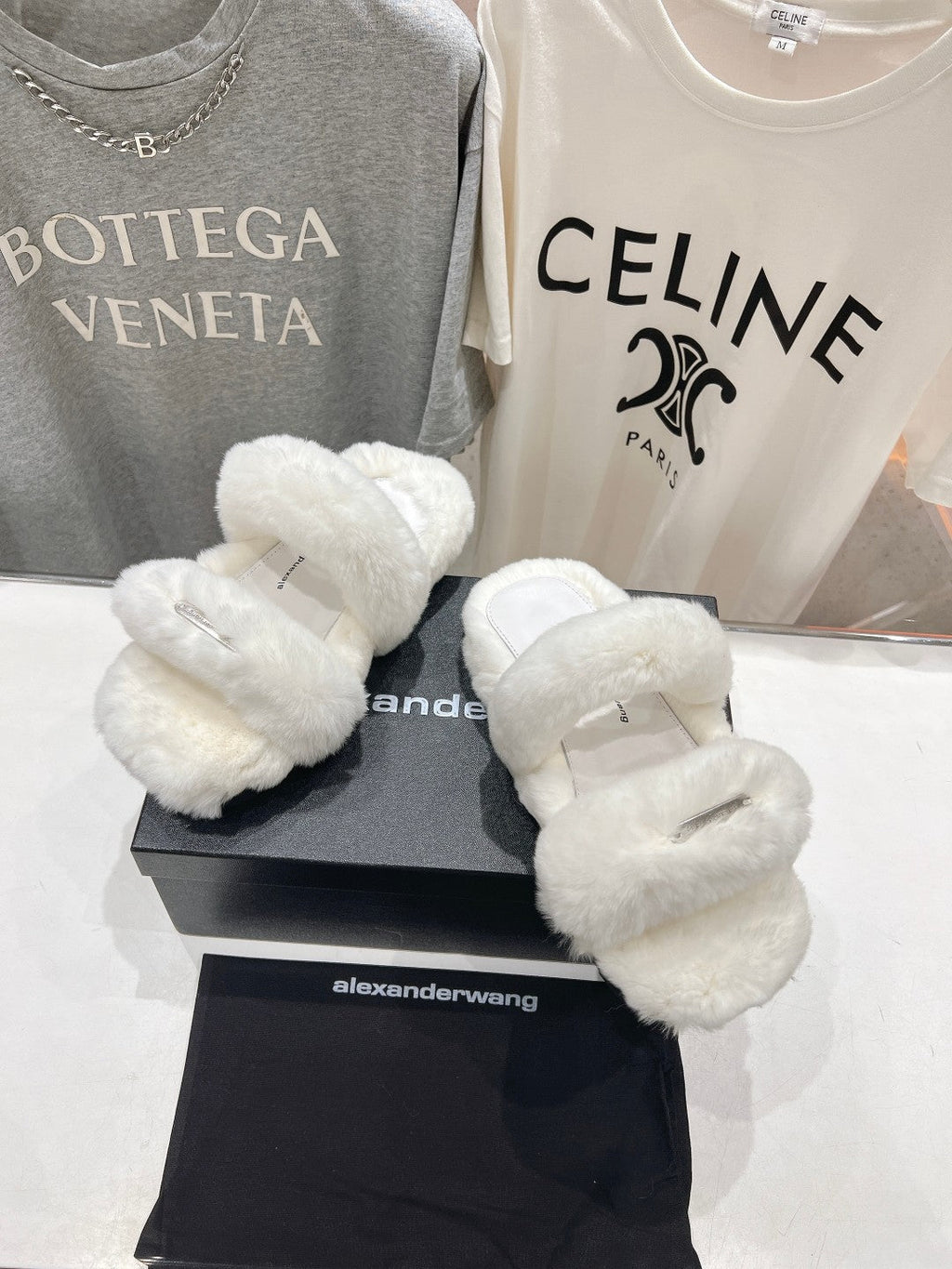 CHUNKY PLATFORM SLIPPER IN WHITE RABBIT FUR