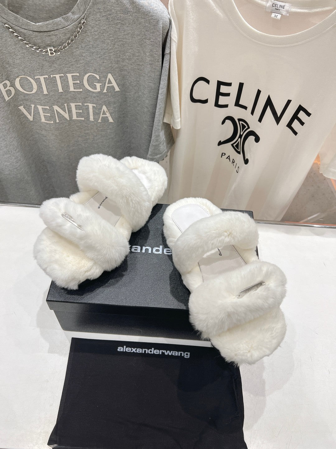 CHUNKY PLATFORM SLIPPER IN WHITE RABBIT FUR