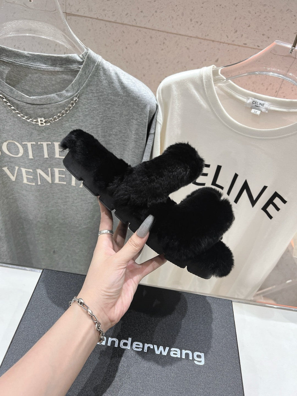 CHUNKY PLATFORM SLIPPER IN BLACK RABBIT FUR