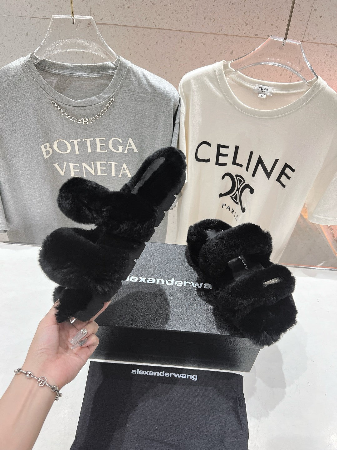 CHUNKY PLATFORM SLIPPER IN BLACK RABBIT FUR