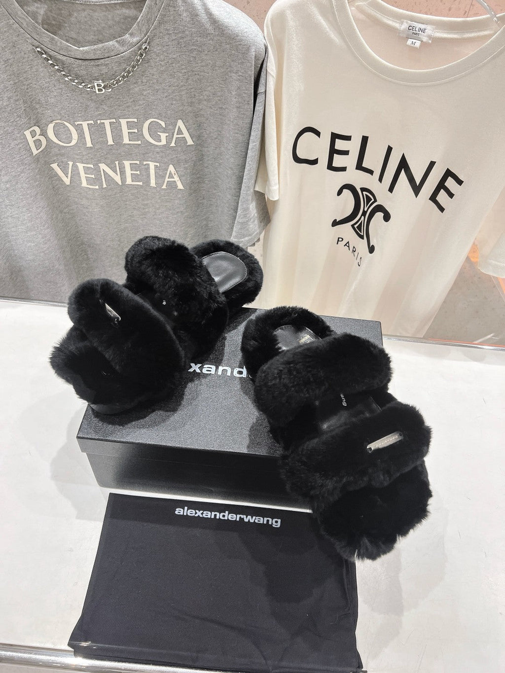 CHUNKY PLATFORM SLIPPER IN BLACK RABBIT FUR