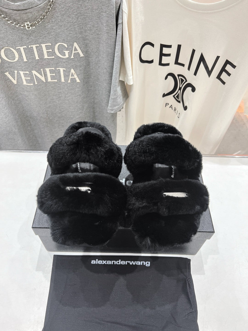 CHUNKY PLATFORM SLIPPER IN BLACK RABBIT FUR