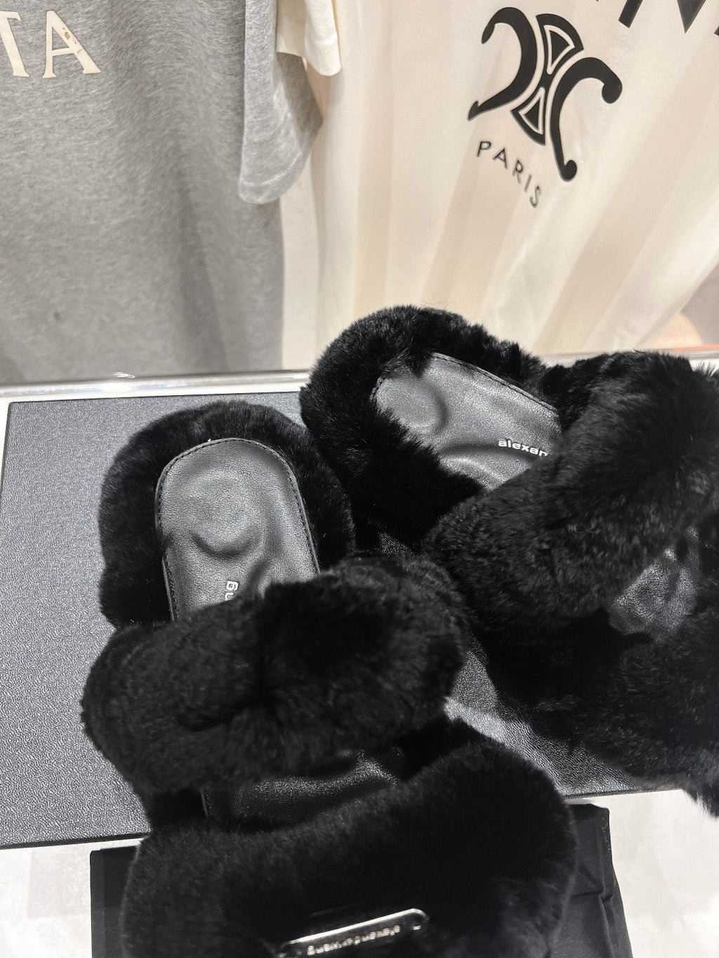 CHUNKY PLATFORM SLIPPER IN BLACK RABBIT FUR