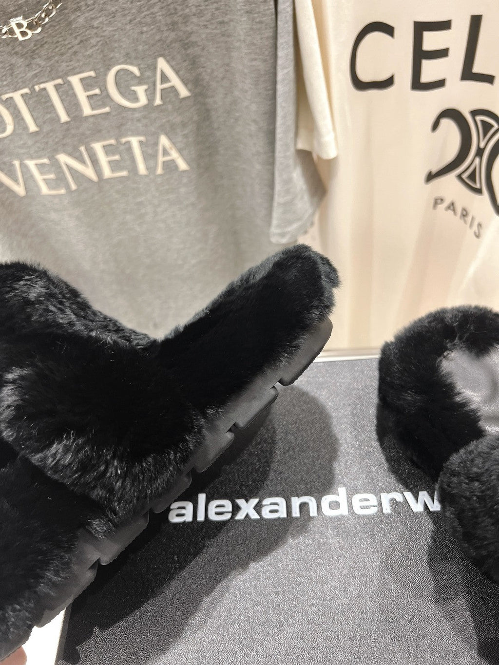 CHUNKY PLATFORM SLIPPER IN BLACK RABBIT FUR