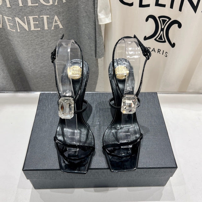 HIGH HEEL SANDALS IN BLACK GLOSSY CALFSKIN WTH STRAPS ATTACHED GEM