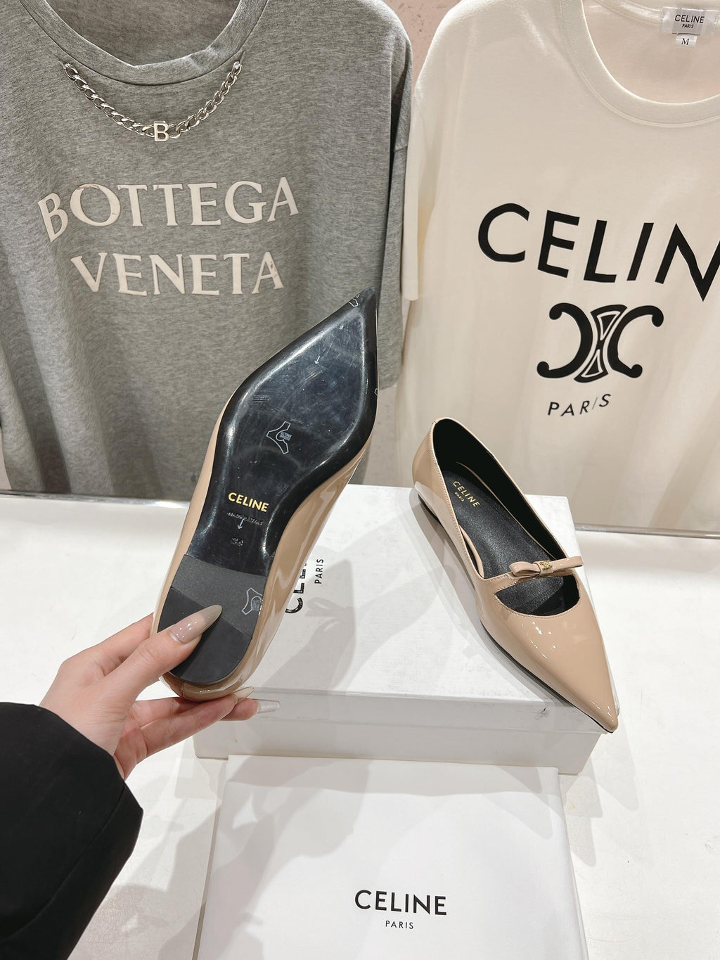 SUZY POINTY TOE BALLERINA IN TAN BEIGE PATENT CALFSKIN