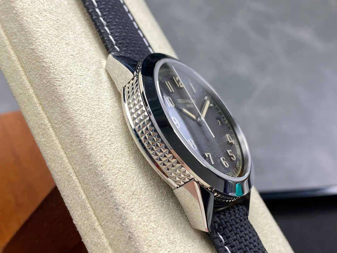CALATRAVA WHITE GOLD CASE BLACK CALFSKIN EMBOSSED WITH FABRIC PATTERN