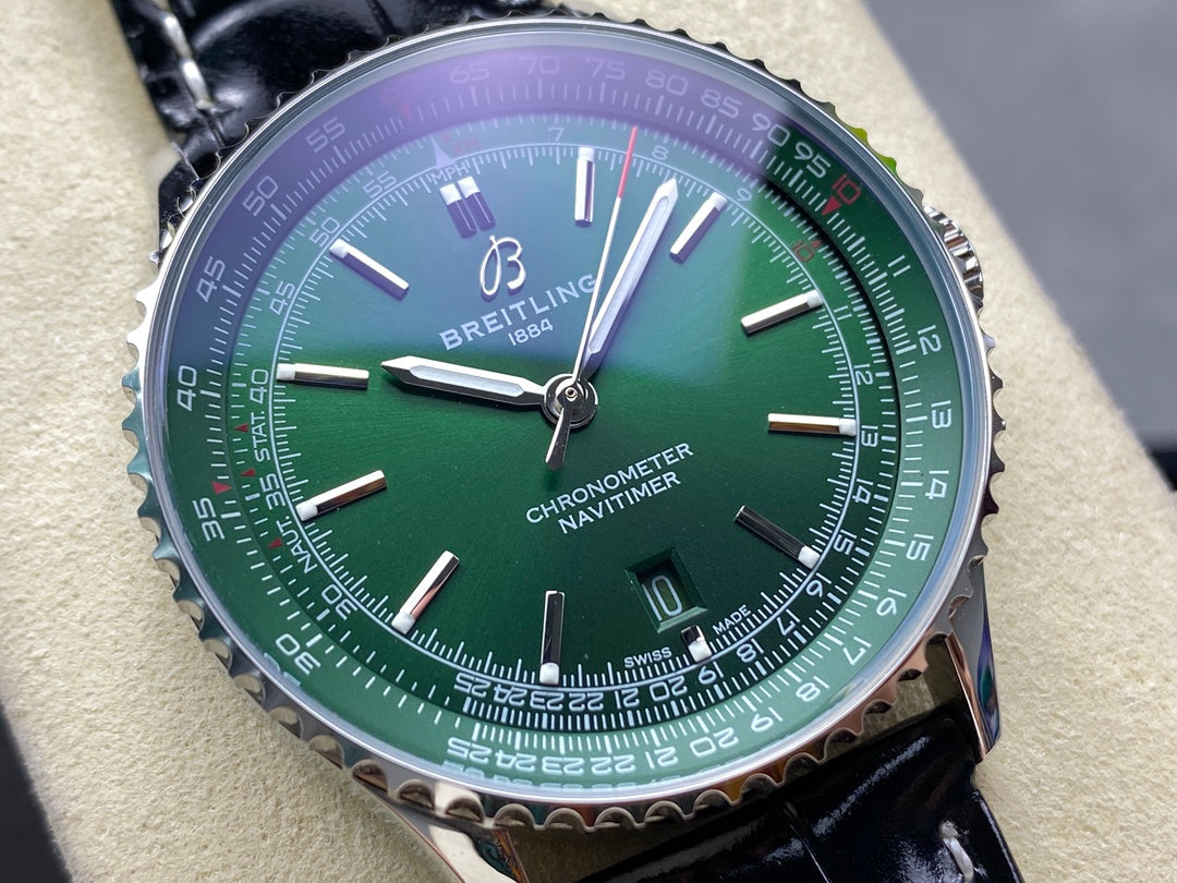 NAVITIMER AUTOMATIC 41 STEEL CASE GREEN DIAL BLACK ALLIGATOR LEATHER STRAP