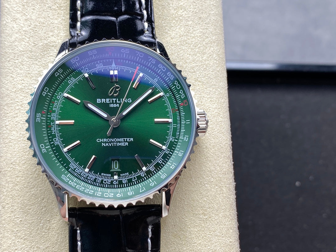 NAVITIMER AUTOMATIC 41 STEEL CASE GREEN DIAL BLACK ALLIGATOR LEATHER STRAP