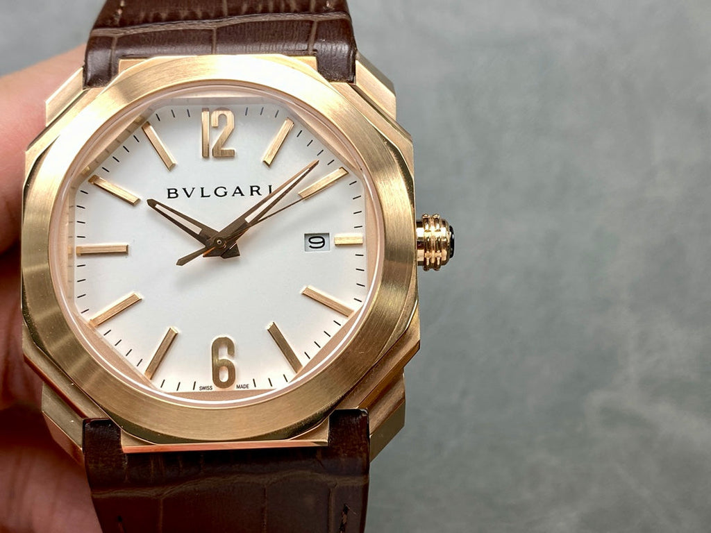 OCTO 41 ROSE GOLD CASE BROWN CROCODILE LEATHER STRAP