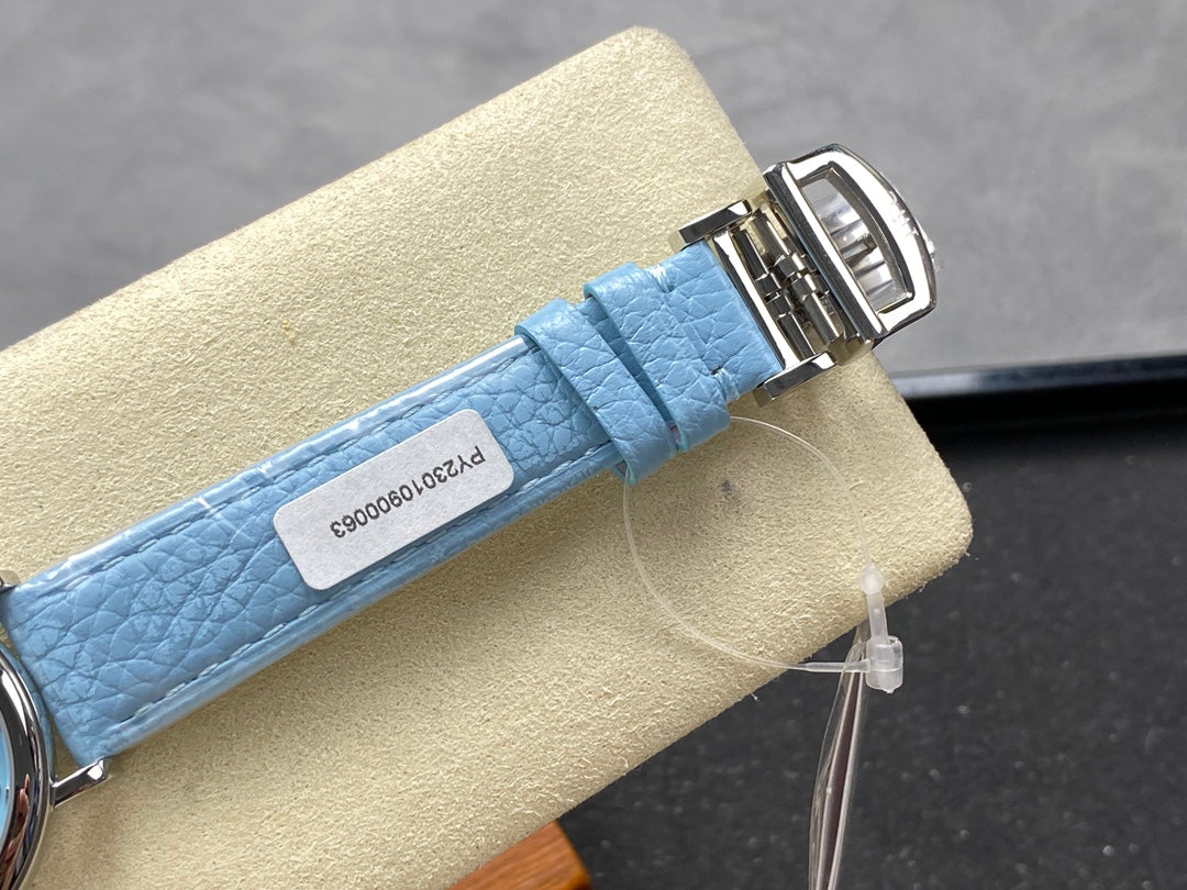 PORTOFINO AUTOMATIC 34 WATCH SILVER CASE WITH SAPPHIRE BLUE LEATHER STRAP AND DIAL