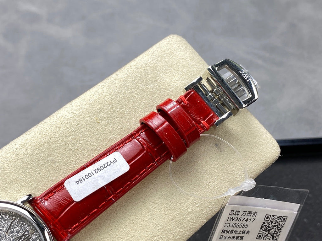 PORTOFINO AUTOMATIC 34 WATCH SILVER CASE WITH RUBY RED LEATHER STRAP