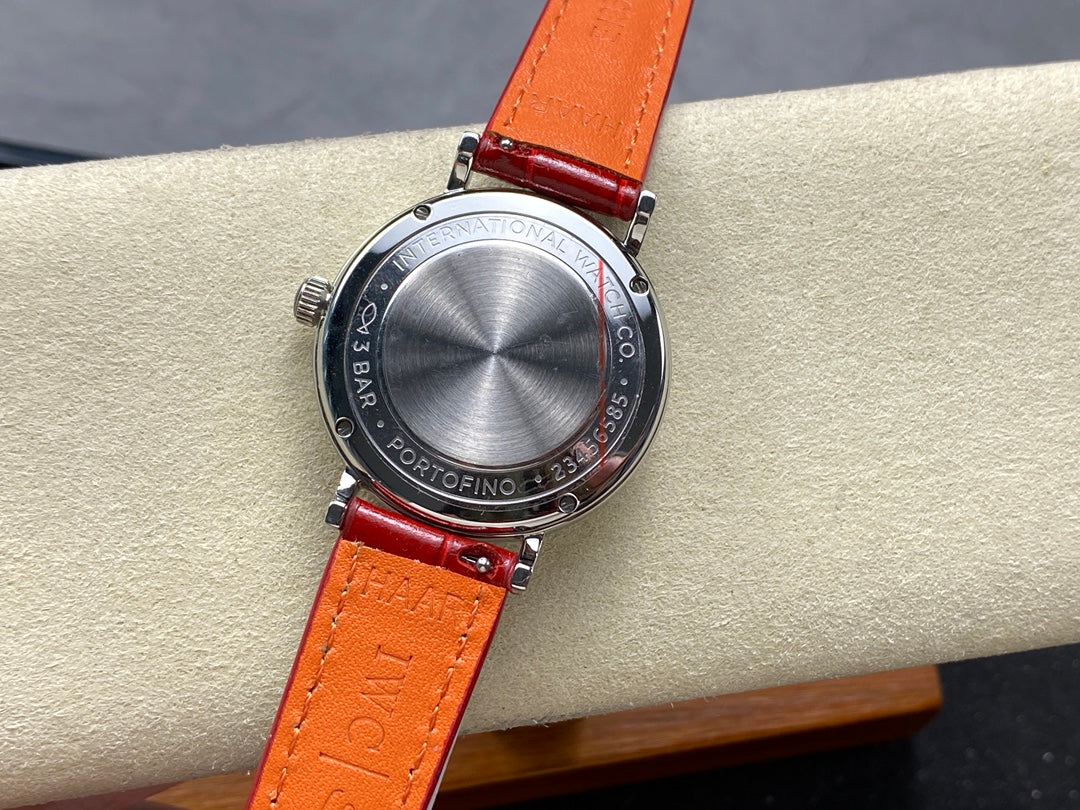 PORTOFINO AUTOMATIC 34 WATCH SILVER CASE WITH RUBY RED LEATHER STRAP