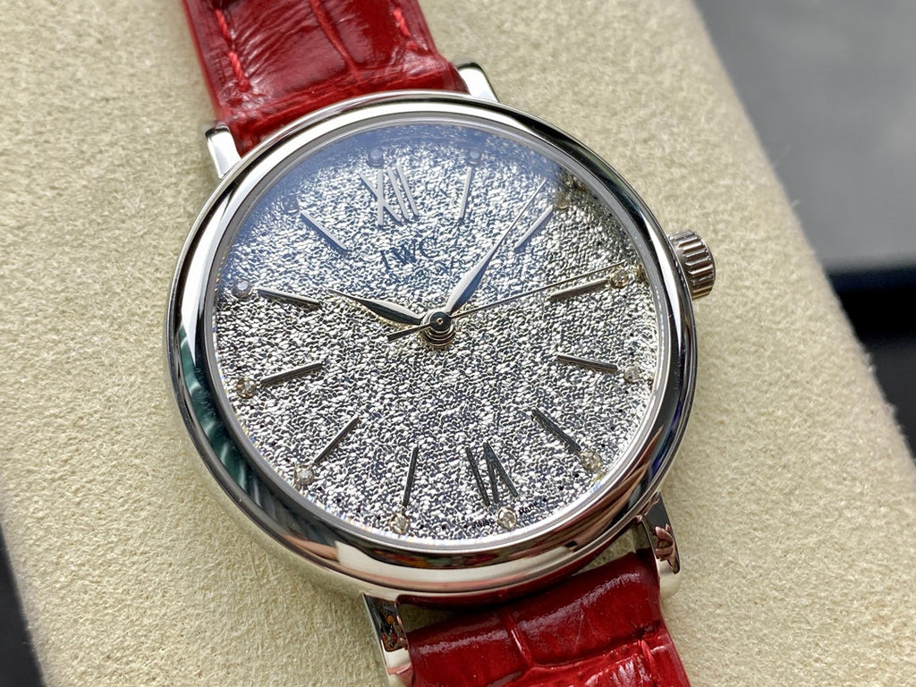 PORTOFINO AUTOMATIC 34 WATCH SILVER CASE WITH RUBY RED LEATHER STRAP
