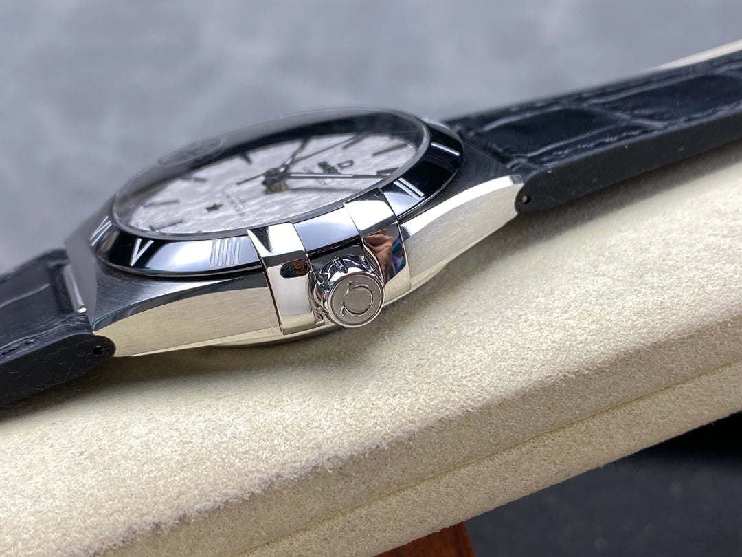 WATCH OMEGA CONSTELLATION CO AXIAL MASTER CHRONOMETER 41 MM SILVER CASE WITH BLACK LEATHER STRAP